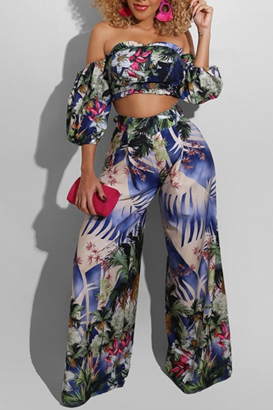 Chic Two Pieces Set Leaf Flower Printed Off the Shoulder Short Sleeve Cropped Tee High-rise Full Length Wide Leg Pants Fitted Two Pieces Set for Women