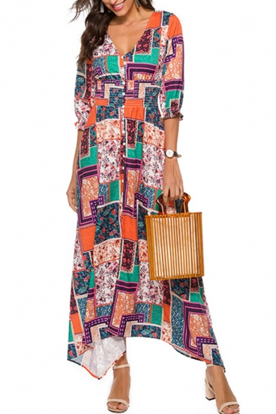 Classic Women's A-Line Dress Tribal Graphic Print V Neck Long Sleeve Maxi A-Line Dress