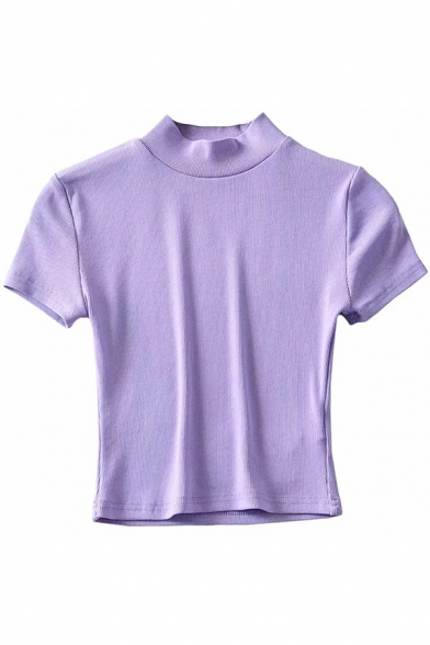 Fancy T Shirt Plain Short Sleeve Mock Neck Slim Fit Crop Tee Top for Women