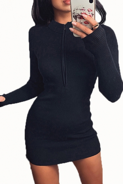 zip front ribbed bodycon dress