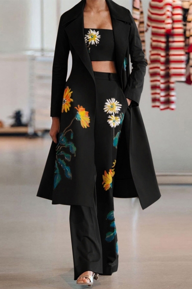 Fancy Women's Three Piece Set Floral Pattern Tank Top Notched Lapel Collar Long Sleeve with with High Waist Pants Set