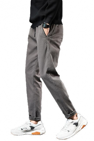 Guys Chic Pants Solid Color Drawstring Waist Ankle Relaxed Fit Pants