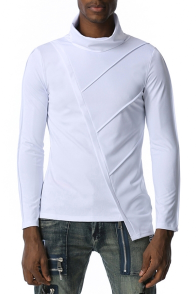 Gym Tee Top Solid Color Long Sleeve Mock Neck Patched Slim Fitted T Shirt for Men
