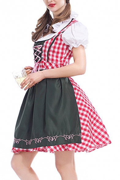 Lovely Red Dress Plaid Printed Puff Sleeve Sweetheart Neck Lace-up Front Mid Flared Dress for Girls