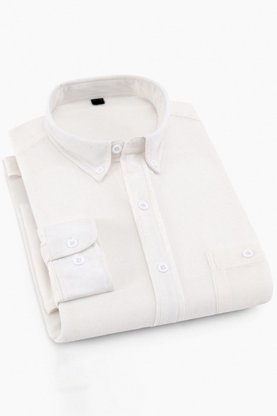 Mens Shirt Corduroy Long Sleeve Button Down Collar Chest Pocket Plain Regular Casual Shirt