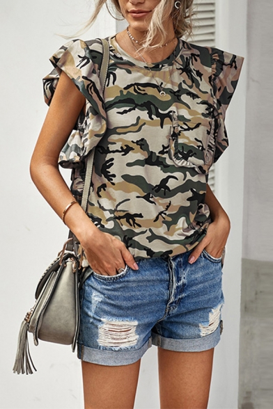 Popular Girls Tee Top Camo Printed Ruffled Sleeve Crew Neck Relaxed Fit Tee Top