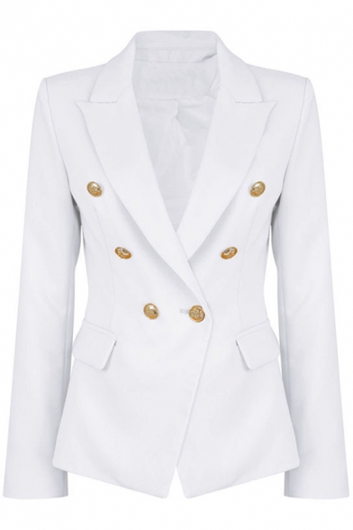 Pretty Ladies Blazer Solid Color Long Sleeve Notched Collar Double Breasted Regular Fit Blazer