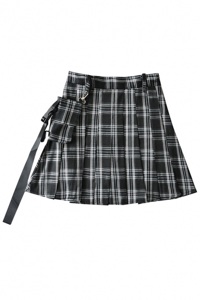 Punk Style Half Zip Front Plaid Pattern Print Mesh-Paneled Mini A-Line Skirt