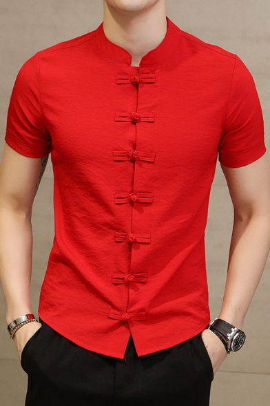 Stylish Men's Blouse Solid Color Frog Button Stand Collar Short Sleeve Regular Fitted Blouse