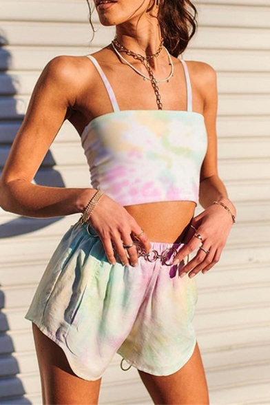 Stylish Pink-Blue Co-ords Tie Dye Print Fitted Crop Cami Top & Relaxed Fit Shorts Co-ords for Girls