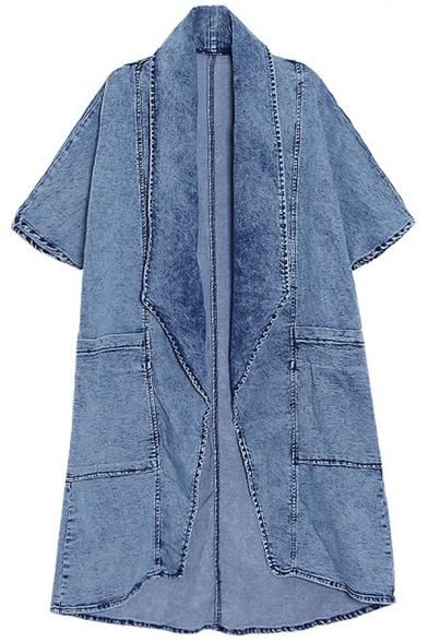 Trendy Girls Trench Coat Short Sleeve Shawl Neck Longline Loose Fit Denim Trench Coat in Blue