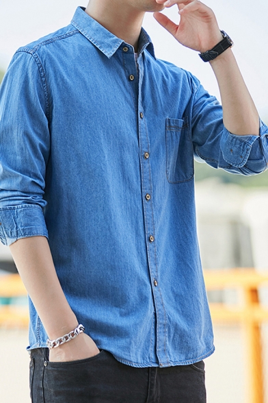 Trendy Men's Denim Shirt Chest Pocket Button Fly Turn-down Collar Long Sleeve Regular Fitted Denim Shirt