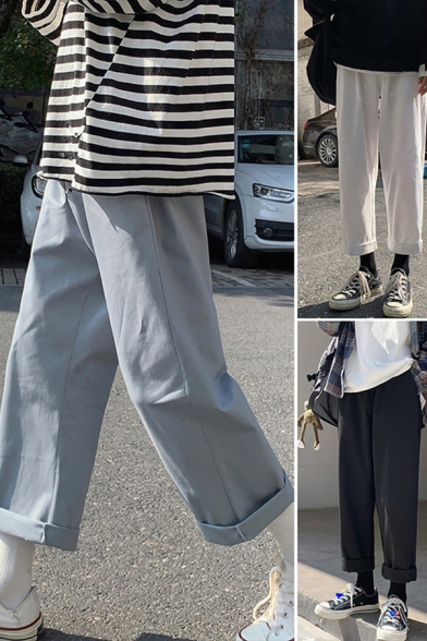 Trendy Mens Pants Plain Color Thin Loose Fit 7/8 Length Straight Lounge Pants