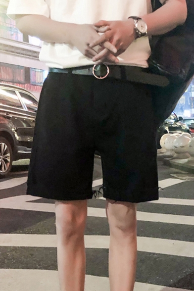 Trendy Mens Shorts Solid Color Frayed Hem Straight Half Length Loose Denim Shorts with Pockets