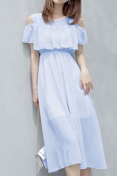 Trendy Women's A-Line Dress Floral Print Cold Shoulder Round Neck Long A-Line Dress