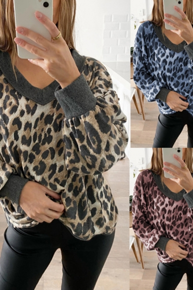 Trendy Womens T Shirt Leopard Patterned Long Sleeve V-neck Relaxed Fit Tee Top