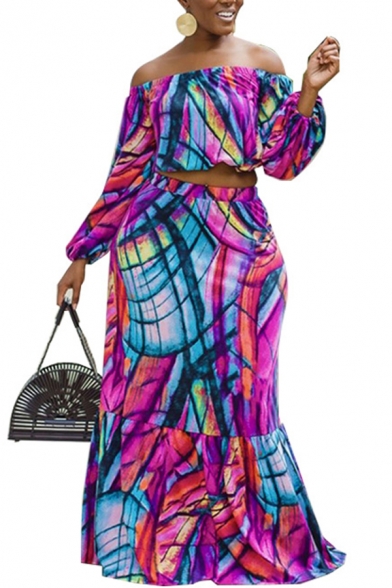 Trendy Womens Two Pieces Set Abstract Printed Off Shoulder Long Sleeve Cropped Tee Mid-rise Maxi Skirt Boxy Two Pieces Set