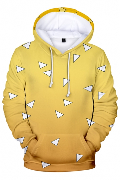 Unisex 3D Allover Cute Triangle Pattern Yellow Ombre Long Sleeve Loose Pullover Hoodie with Pocket