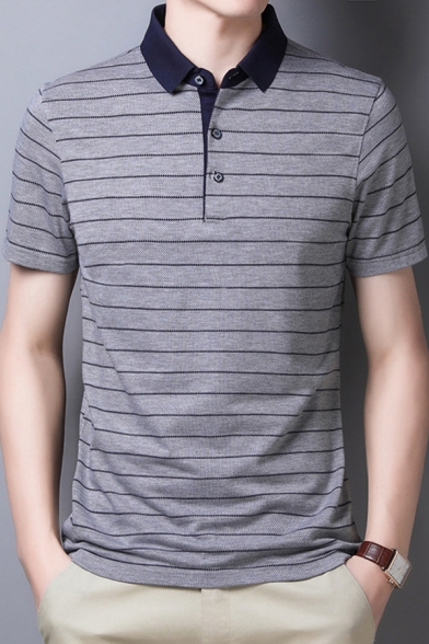 Vintage Mens Polo Shirt Pinstripe Pattern Button Detail Turn-down Collar Slim Fit Short Sleeve Polo Shirt