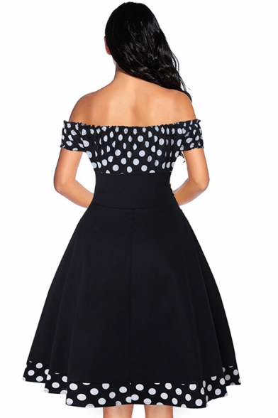 Womens Fancy Dress Polka Dot Print Off the Shoulder Mid Pleated Swing Dress in Black
