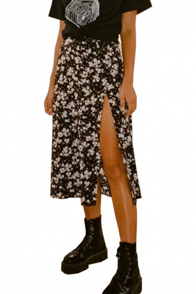Womens Fashion Skirt Leopard Pattern High Rise High Slit Mid A-line Skirt