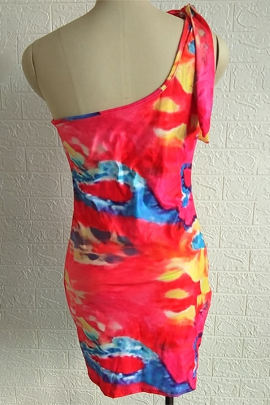 Womens Stylish Colorful Tie Dye Printed Self Tied One Shoulder Mini Sheath Dress