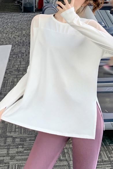Womens T-Shirt Athletic Plain Color Side Split Thumb Holes Loose Fit Round Neck Long Sleeve Yoga T-Shirt