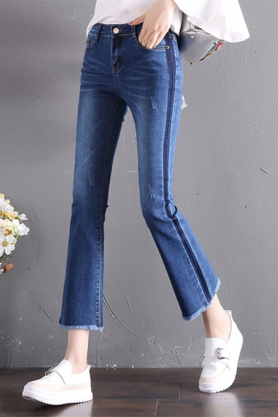 Womens Vintage Fashion Frayed Hem Casual Slim Cropped Flared Jeans