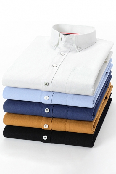 Basic Mens Shirt Solid Color Long Sleeve Button Down Collar Fitted Shirt Top