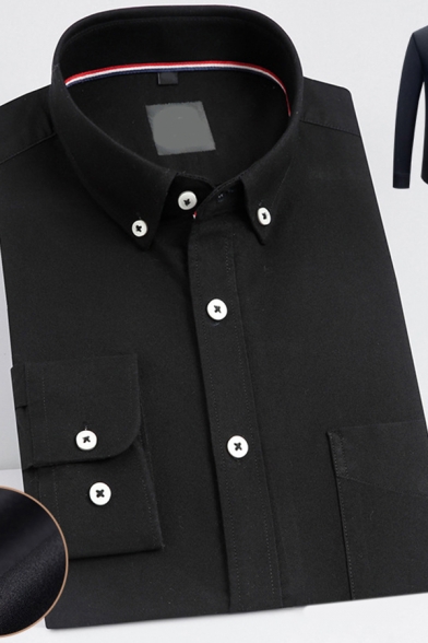 Basic Mens Shirt Solid Color Long Sleeve Button Down Collar Fitted Shirt Top