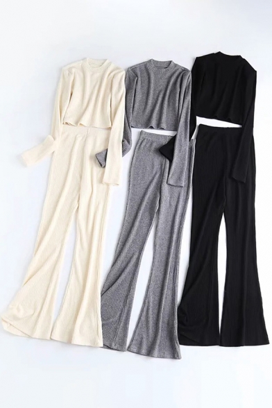 Basic Womens Set Solid Color Long Sleeve Crew Neck Regular Crop Top & Flared Pants Set