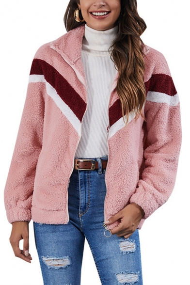 Casual Coat Sherpa Liner Contrasted Long Sleeve Stand Collar Zip Up Loose Fit Coat for Women