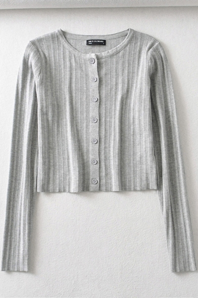Casual Women's Cardigan Plain Button Fly Long Sleeve Round Neck Slim Fitted Cardigan