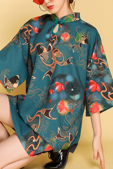 Chic Dress Fish Lotus Pattern A-Line Half Sleeve Mandarin Collar Mini Relaxed Fitted Cheongsam Dress for Women