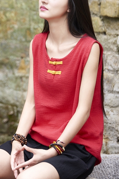 Chinese Style Tank Linen and Cotton Round Neck Frog Button Relaxed Fit Tank Top for Women