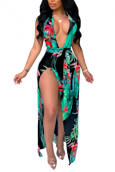 Cool Womens Dress Tropical Plant Pattern Tie-Halter Deep V Neck Maxi Sleeveless Slit Dress