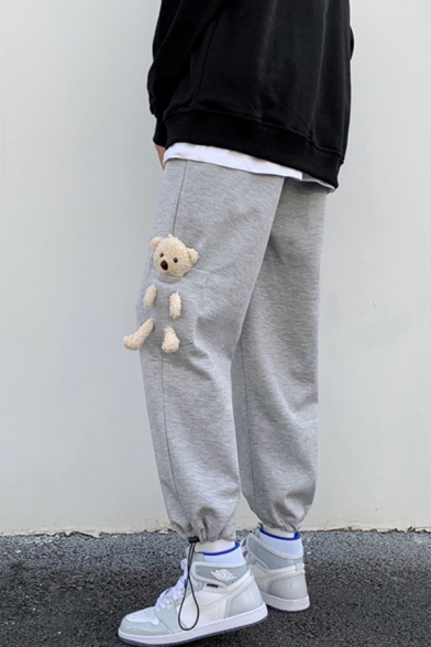 Creative Men's Pants 3D Bear Decoration Drawstring Cuffs Ankle Length Jogger Pants