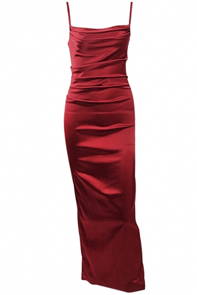 Elegant Ladies Dress Solid Color Cowl Neck Spaghetti Straps Mid Tight Cami Dress in Burgundy