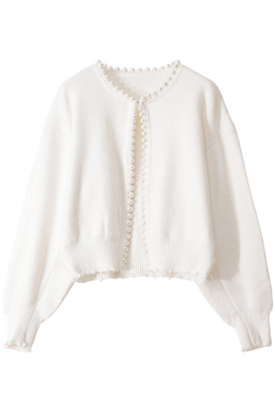 Fancy Ladies Cardigan Pearl Decoration Long Sleeve Knit Relaxed Cardigan