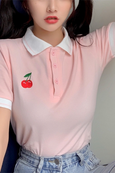 Fancy Peach Embroidered Short Sleeve Spread Collar Button up Contrasted Regular Fit Polo Shirt for Ladies