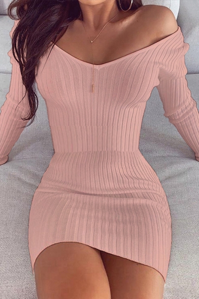 Fancy Women's Dress Solid Color Ribbed Knit Boat Neck Long Sleeve Slim Fitted Mini Bodycon Dress