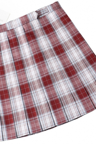Fancy Women's Skirt Plaid Print High Waist Invisible Zipper Pleated Detailed Mini Skirt