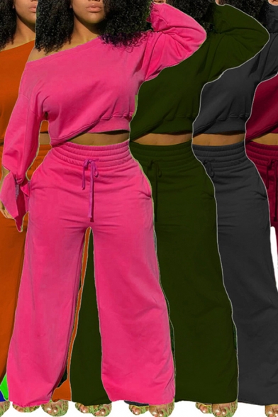 Fashion Girls Set Solid Color Long Sleeve Oblique Shoulder Loose Crop Sweatshirt & Pants Set