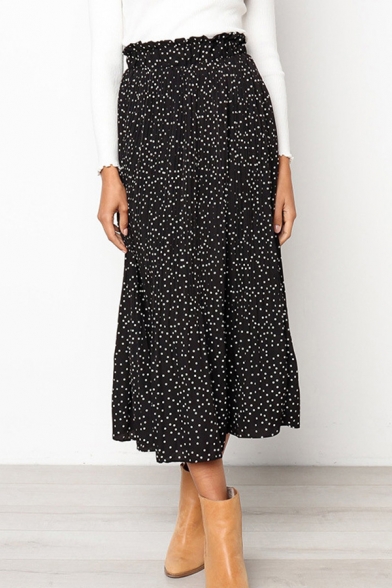 Gorgeous Womens Skirt Polka Dot Printed Elastic Waist Mid Pleated A-line Skirt