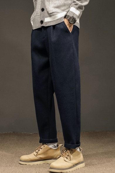 Guys Daily Pants Solid Color Mid Waist Ankle Length Straight Wool Pants