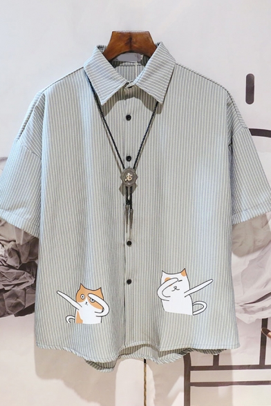 Leisure Men's Shirt Cat Cartoon Stripe Pattern Button Front Point Collar Short Sleeve Regular Fitted Shirt