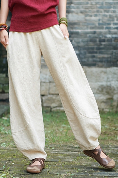 Leisure Womens Pants Linen Plain Elastic Waist Ankle Length Baggy Pants