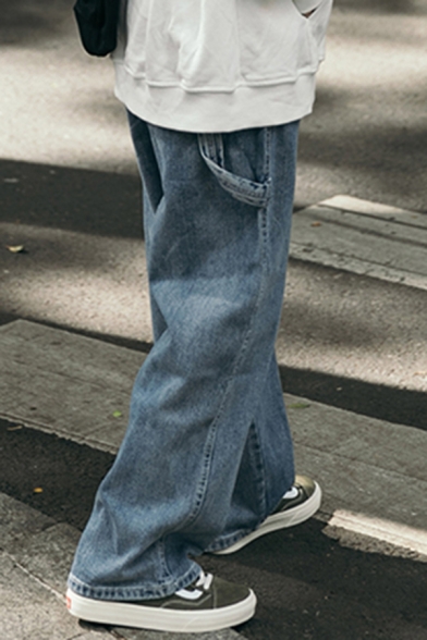 Light Blue Trendy Jeans Bleach Solid Color High Waist Long Length Wide-leg Jeans for Guys