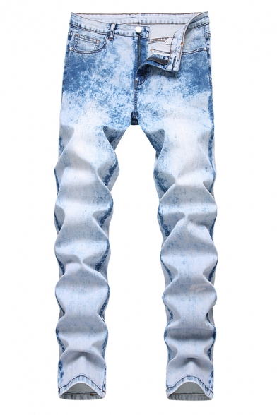 Men's Popular Fashion Snow Washed Light Blue Trendy Ripped Jeans