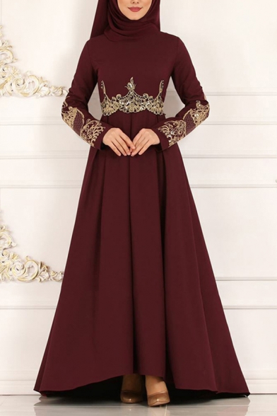 National Wind Womens Dress Embroidered High Waist Floor Length Slim Fitted Long Sleeve A-Line Swing Dress